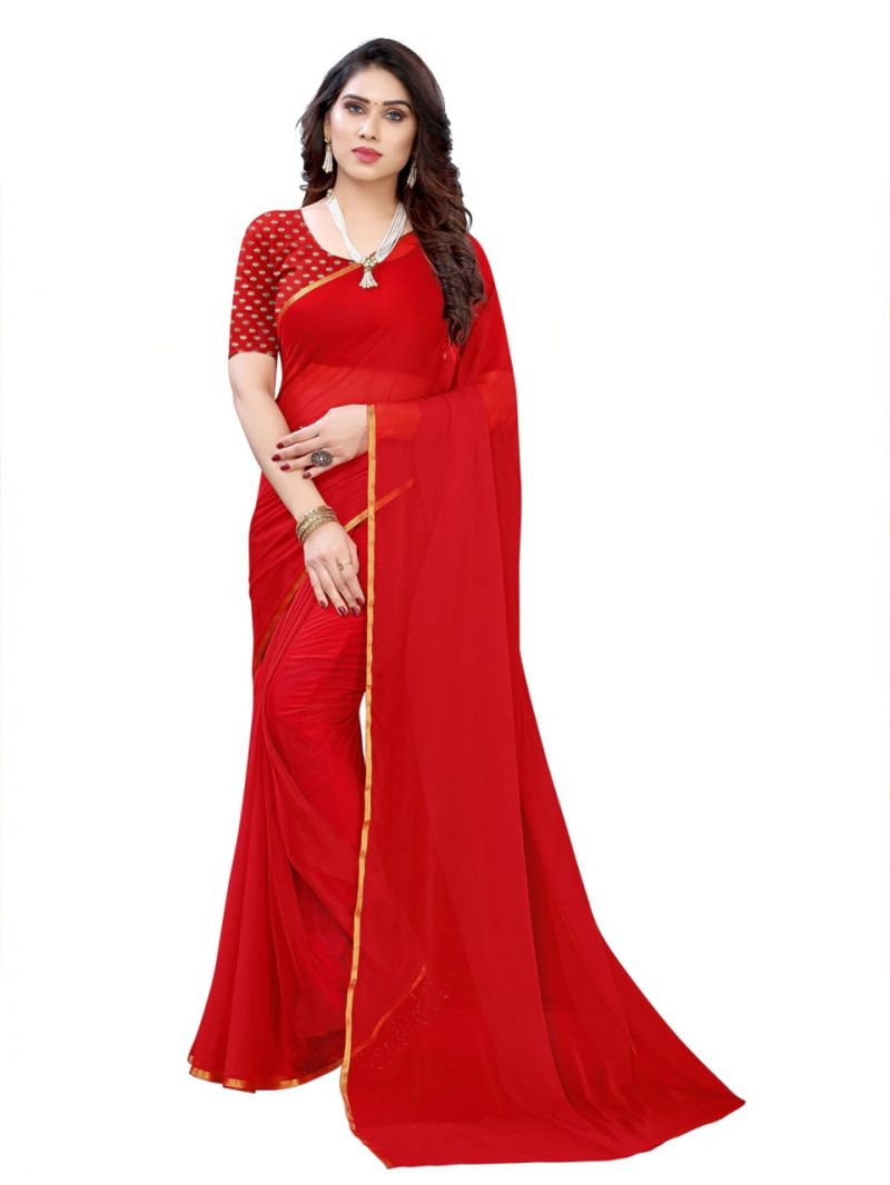 Buy Mahadev Enterprise Nazneen Chiffon Red Saree With Brocade Blouse Piece ( Code-dc215 Red ) online