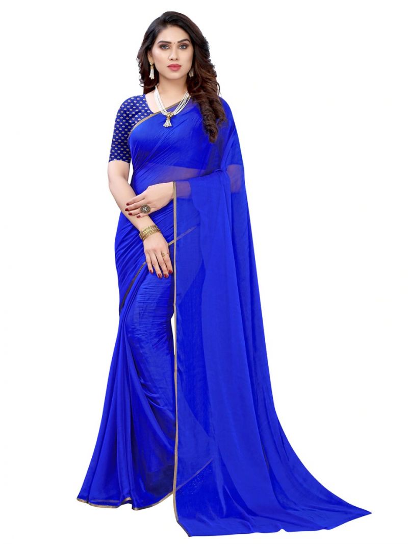 Buy Mahadev Enterprise Nazneen Chiffon Royal Blue Saree With Brocade Blouse Piece ( Code-dc215 Royal Blue ) online