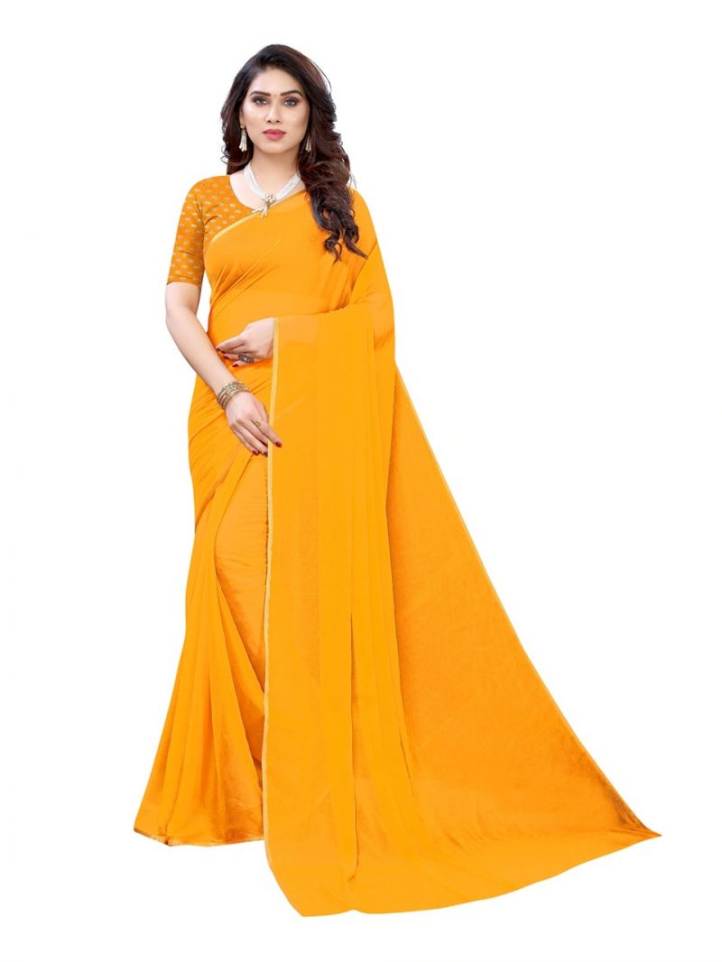 Buy Mahadev Enterprise Yellow Nazneen Chiffon Saree With Brocade Blouse Piece ( Code-dc215 Yellow ) online