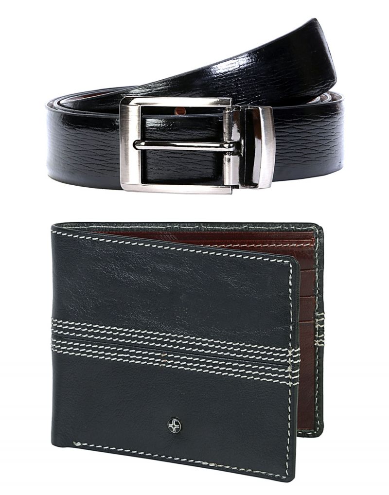 Buy Jl Collections 6 Card Slots Black Men's Leather Wallet & Belt (pack Of 2) online