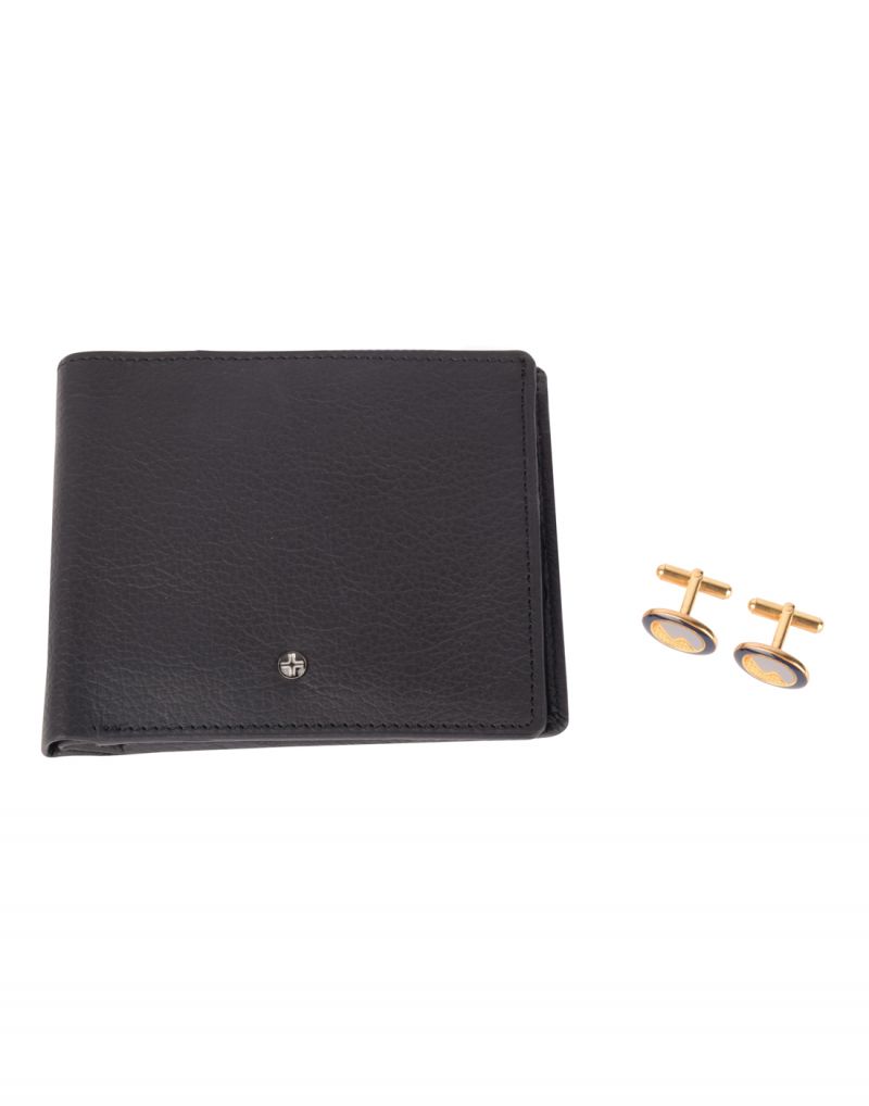 Buy Jl Collections 4 Card Slots Black Men's Leather Wallet With Brass Metal Cufflinks Gift Sets (pack Of 3) online