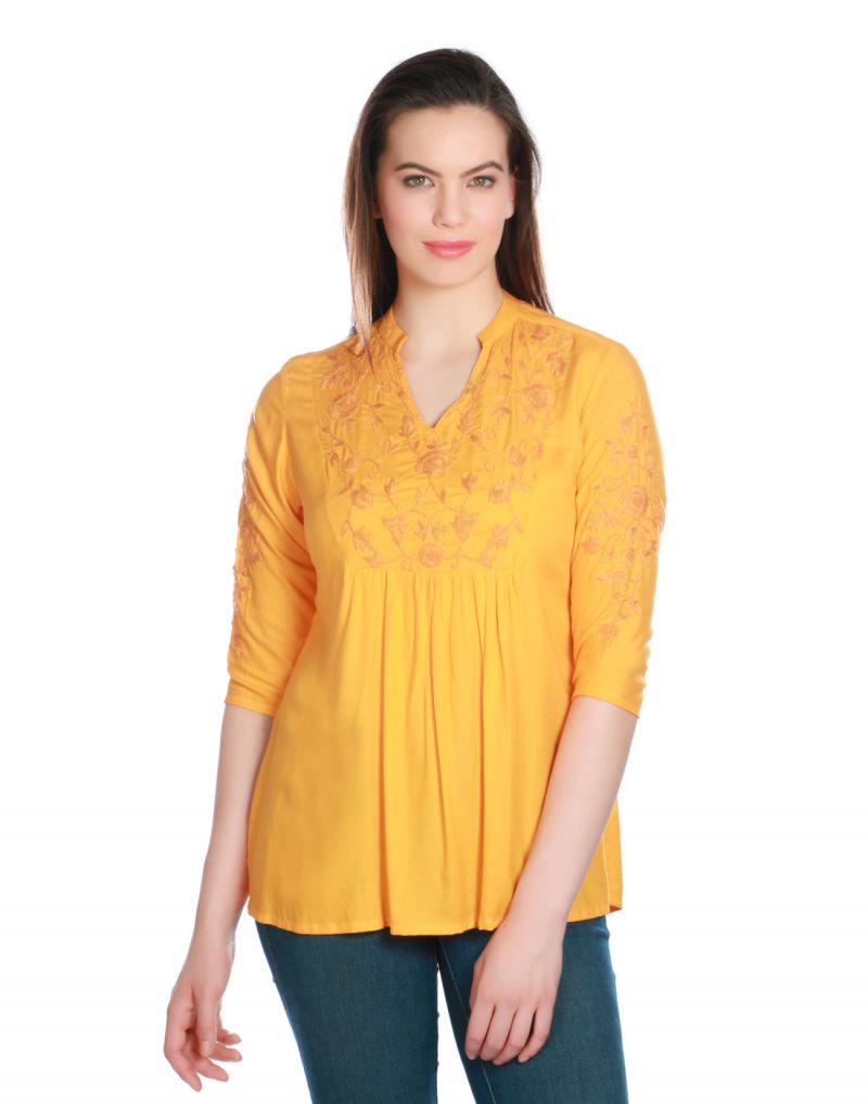 Buy Opus Yellow Modal Casual Embroidered Fusion Wear Women'S Kurti online