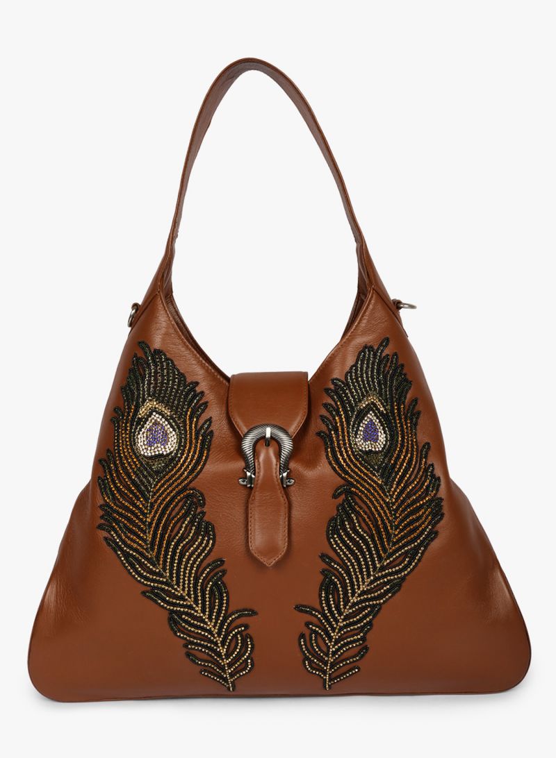 Buy Jl Collections Women's Leather Peacock Feather Embroidery Design Handbag online