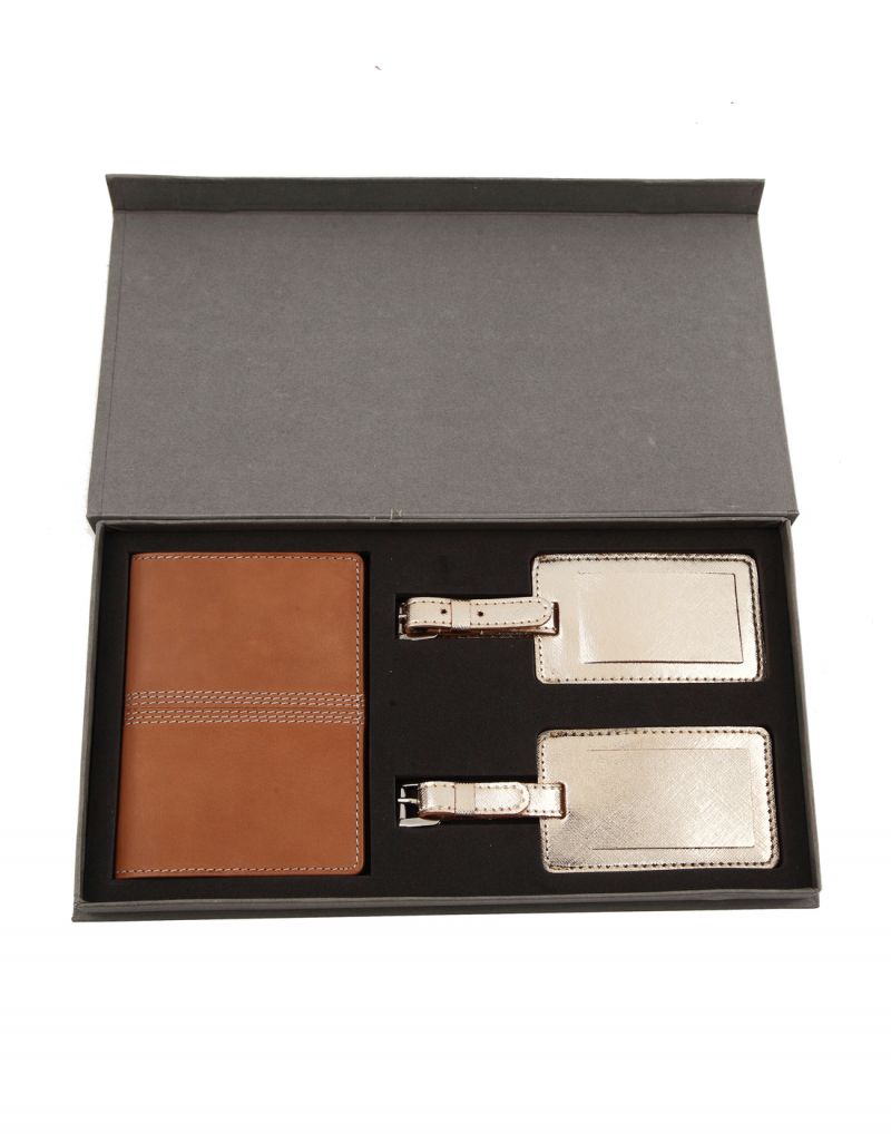 Buy Jl Collections Beige Leather Passport Holder With Gold Luggage Tag Gift Sets (pack Of 3) online
