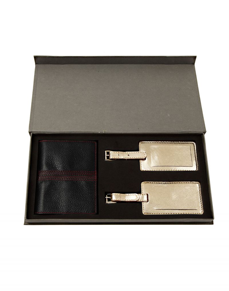 Buy Jl Collections Blue Leather Passport Holder With Gold Luggage Tag Gift Sets (pack Of 3) online
