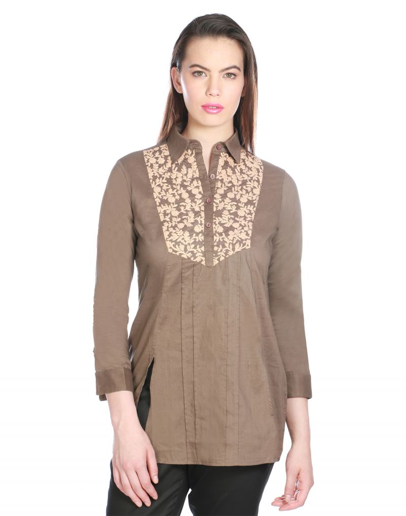 Buy Opus Burnt Olive Cambric Cotton Partywear Embroidered Fusion Wear Women'S Kurti online