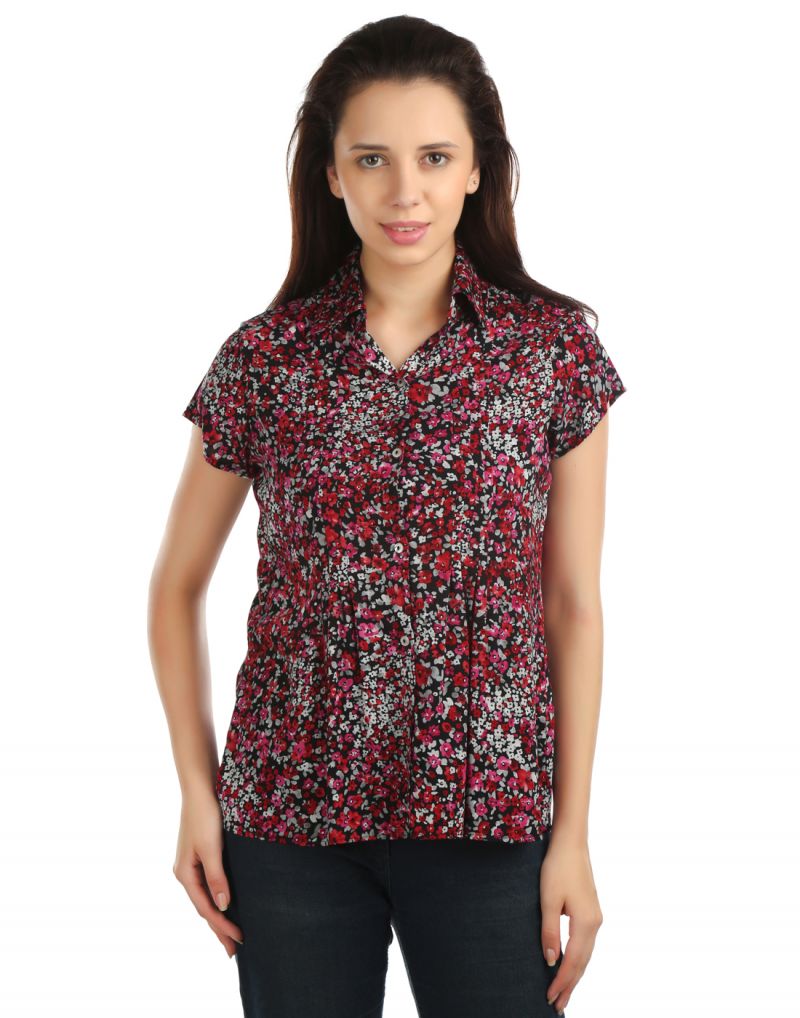 Buy Opus Cap Sleeve Rayon Fabric Casual Red Women'S Shirt online