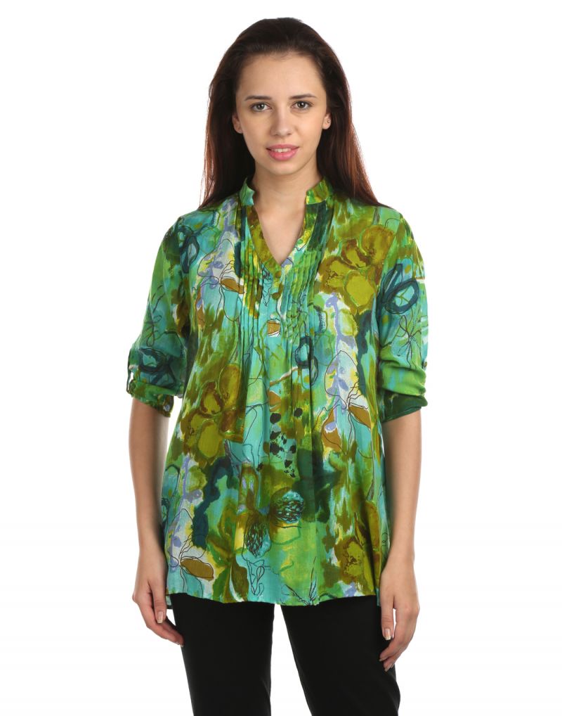 Buy Opus Printed Modal Roll-Up Sleeve Floral Print Green Women'S Top online