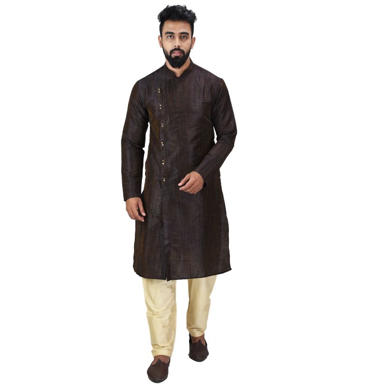 Buy Angrakha Cotton Silk Regular Fit Self Design Kurta Pajama Set ( Code - Bckuset017) online