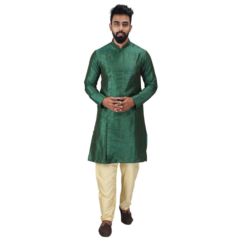 Buy Angrakha Cotton Silk Regular Fit Self Design Kurta Pajama Set ( Code - Bckuset018) online