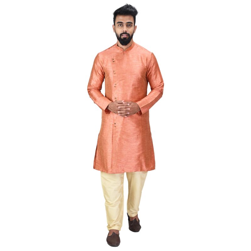 Buy Angrakha Cotton Silk Regular Fit Self Design Kurta Pajama Set ( Code - Bckuset024) online
