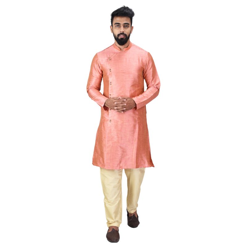 Buy Angrakha Cotton Silk Regular Fit Self Design Kurta Pajama Set ( Code - Bckuset028) online