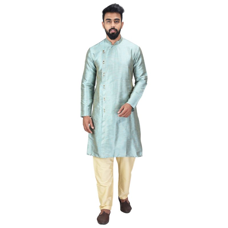 Buy Angrakha Cotton Silk Regular Fit Self Design Kurta Pajama Set ( Code - Bckuset031) online