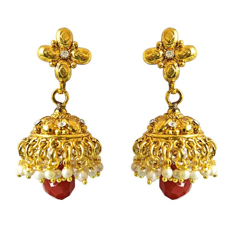 Buy Surat Diamond Traditional Gold Plated Copper White & Red Coloured Stone Jhumki Earring online