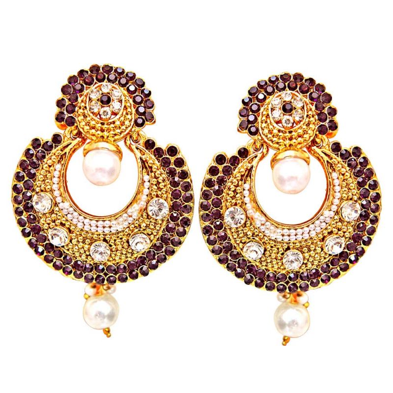 Surat Diamond Traditional Round Shaped Purple White Stone Surat Diamond Traditional Round Shaped Purple White Stone Gold Plated Dangling Fashion Earrings