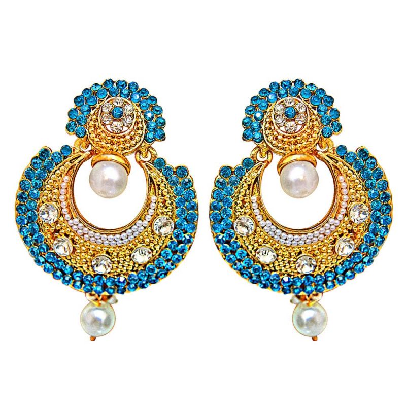 Buy Surat Diamond Traditional Round Shaped Blue & White Stone & Gold Plated Dangling Fashion Earrings For Women Pse9 online
