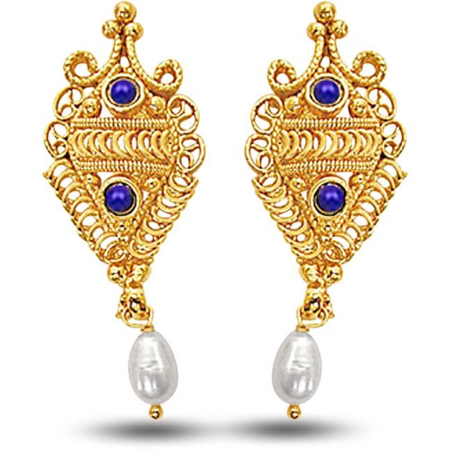 Surat Diamond 24kt Gold Plated Earrings With Blue Lapiz Surat Diamond 24kt Gold Plated Earrings With Blue Lapiz Freshwater Pearl Se139 Online
