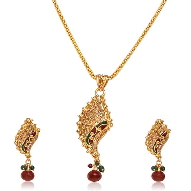 Surat Diamond Fancy Shaped Gold Plated Pendant Necklace Surat Diamond Fancy Shaped Gold Plated Pendant Necklace Earring Set Ps42