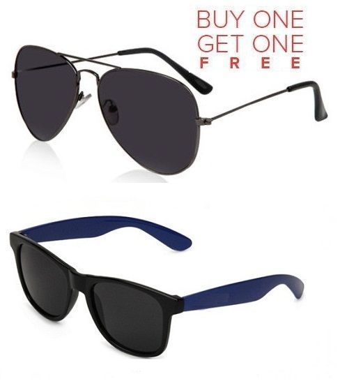 Buy Buy 1 Black Aviator Sunglasses And Get 1 Blue Wayfarer Sunglasses Free online