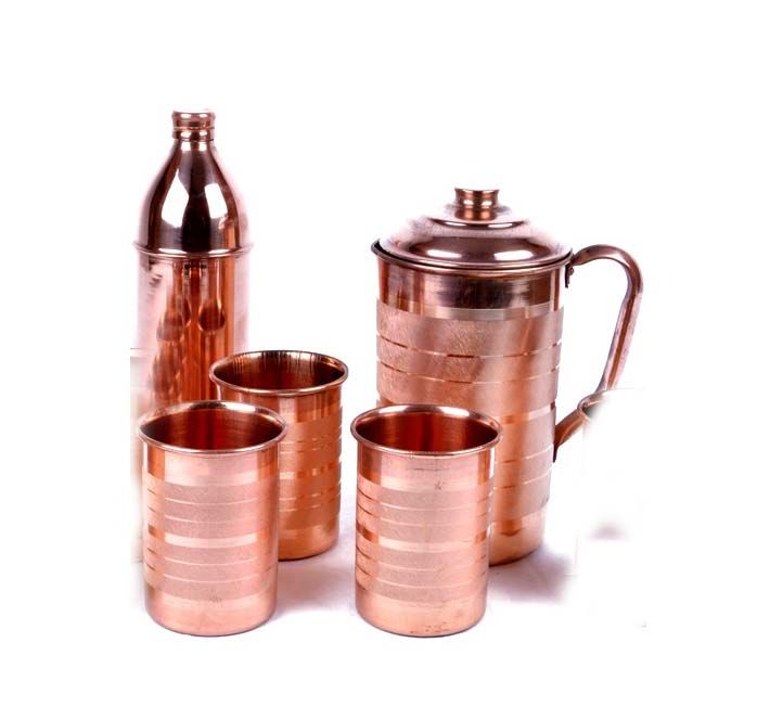 Buy Copper Hammer 1 Jug 2100 Ml With 1 Bisleri Design Bottle 800 Ml & 3 Glass 300 Ml Each - Tableware online