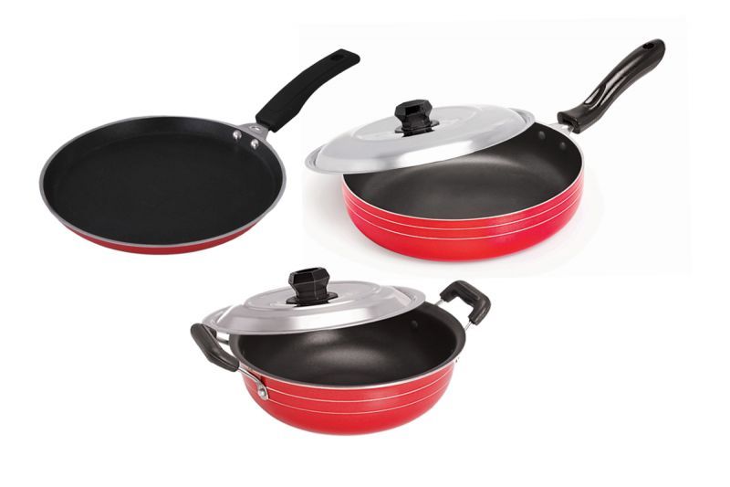 Buy Non Stick Cookware Set Of 3- Dosa Tawa, Kadhai With Lid & Fry Pan With Lid online