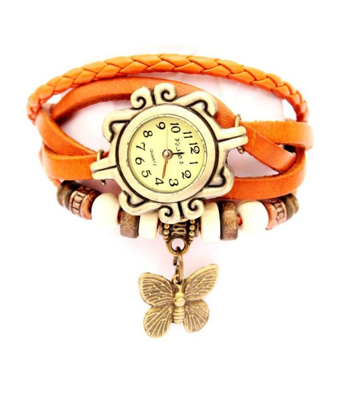 Buy Mf Crystal Collections Orange Vintage Leather Watch online