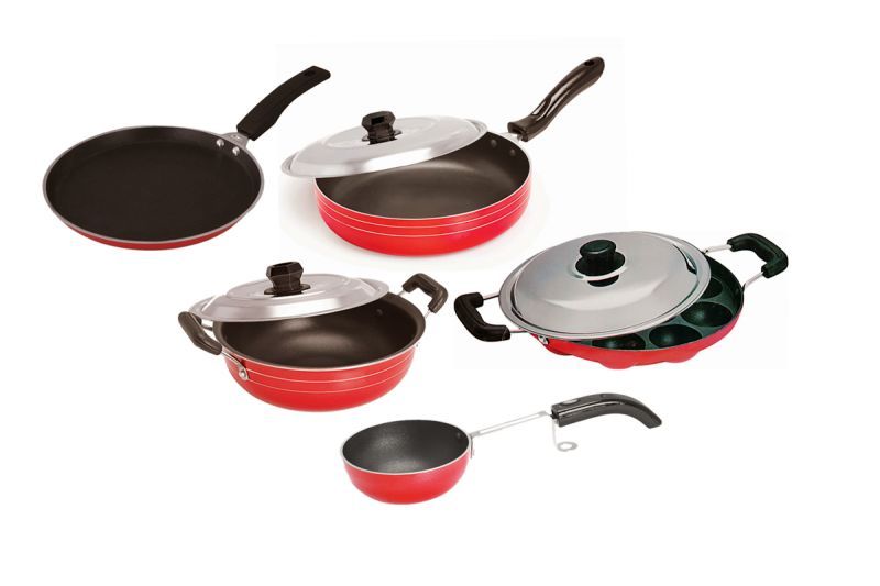 Buy Non Stick Cookware Set Of 5- Dosa Tawa, Kadhai With Lid, Fry Pan With Lid, Appam, Vagharia/chokan Pan online